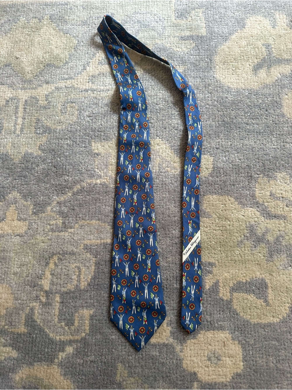 Salvatore Ferragamo Navy Blue Silk Tie with Multicolor Medallion & Stripe Motifs